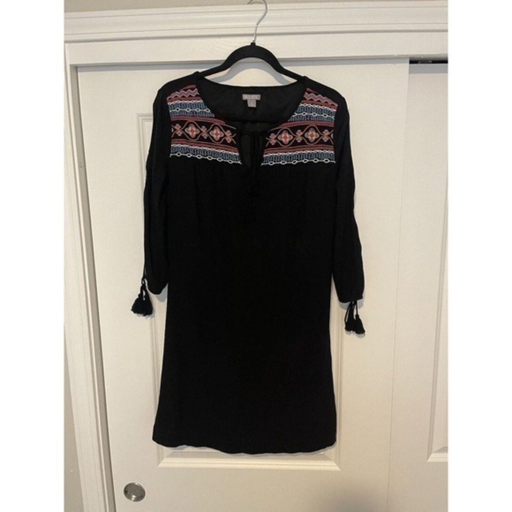 Boho Embroidered Falls Creek Womens Shift Dress Black V Neck Tie Sz Small